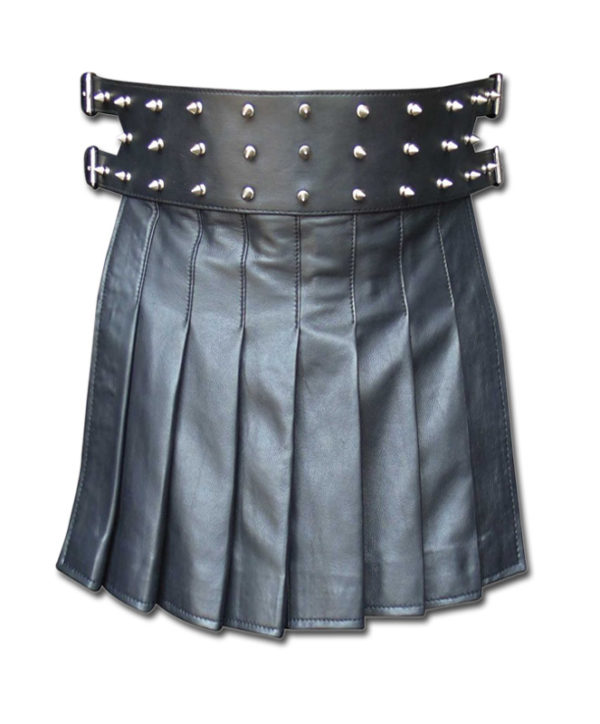 Black Mini Leather Gladiator Kilt with Studs-1