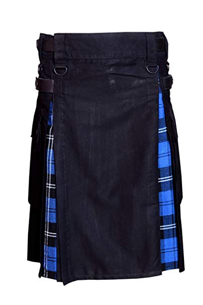 Men Hybrid Utility Kilt 100% Black Cotton with Ramsey Blue Tartan Custom Handmade