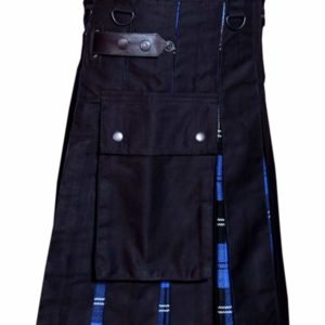 Men Hybrid Utility Kilt 100% Black Cotton with Ramsey Blue Tartan Custom Handmade