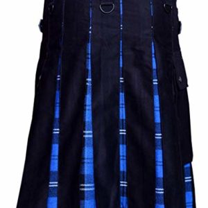 Men Hybrid Utility Kilt 100% Black Cotton with Ramsey Blue Tartan Custom Handmade