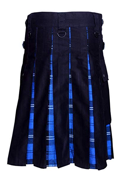 Men Hybrid Utility Kilt 100% Black Cotton with Ramsey Blue Tartan Custom Handmade