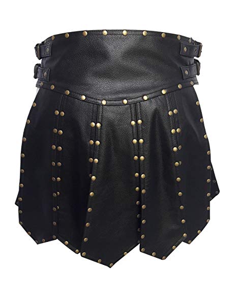 Mens Real Black Leather Heavy Duty Gladiator Kilt