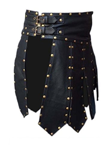 Mens Real Black Leather Heavy Duty Gladiator Kilt