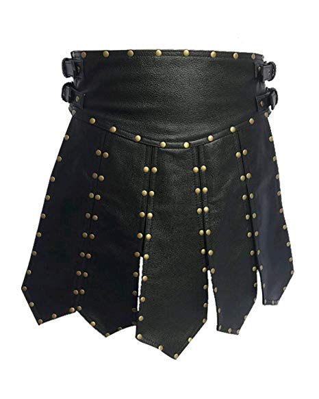 Mens Real Black Leather Heavy Duty Gladiator Kilt