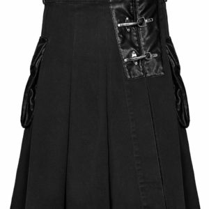 Handmade Stylish Men’s Gothic Fashion Wedding Kilt Black Leather Pockets