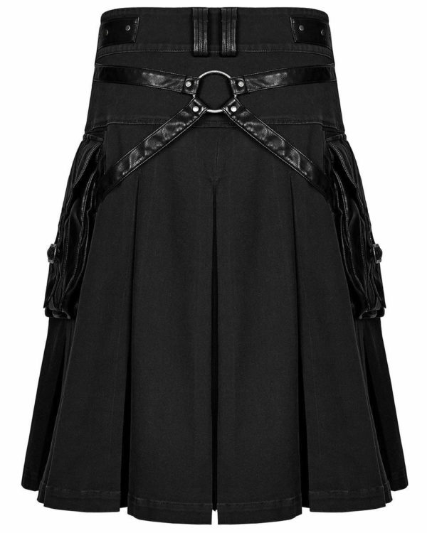 Handmade Stylish Men’s Gothic Fashion Wedding Kilt Black Leather Pockets