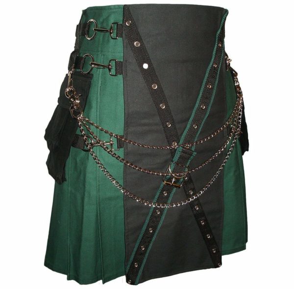 MENS GREEN AND BLACK CANVAS CARGO STYLISH UTILITY KILT