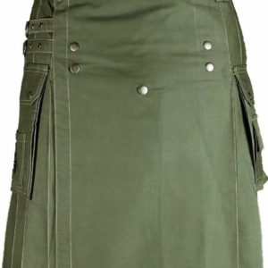 New Mens Olive Green Utility Wedding Kilt Made in 100% Cotton Brass Button