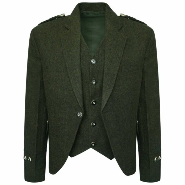 Olive Green Tweed kilt jacket With 5 Button Vest