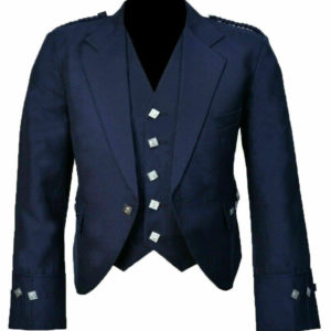 New Scottish Blue Wool Argyle Kilt Jacket With Waistcoat Vest