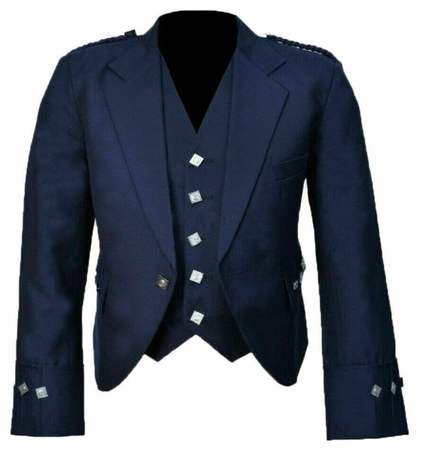 New Scottish Blue Wool Argyle Kilt Jacket With Waistcoat Vest