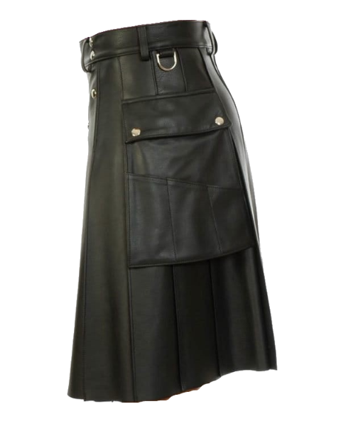 Black Leather Kilt With Stylish Pockets