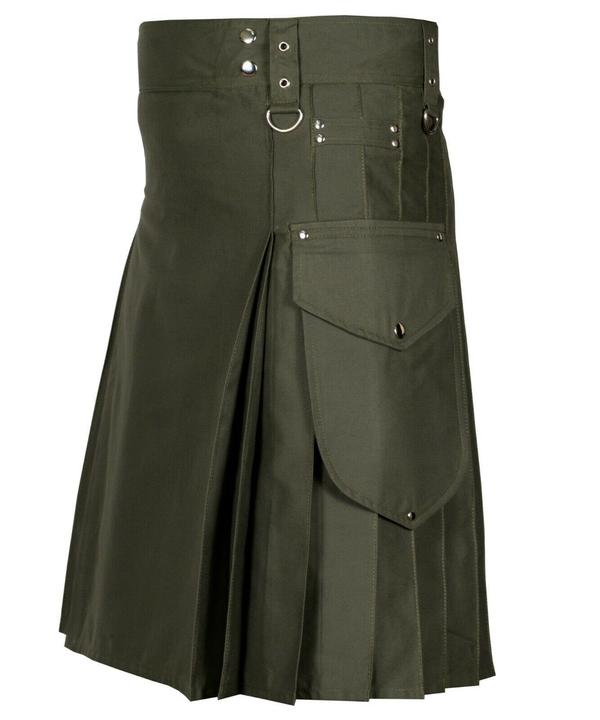 Olive Green Cargo Utility Kilts For Men