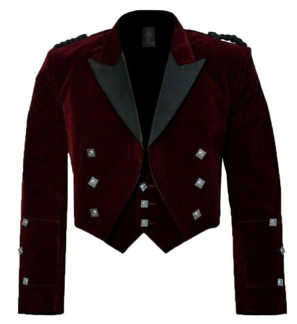 Scottish Burgundy Velvet Prince Charlie Kilt Jacket With Waistcoat