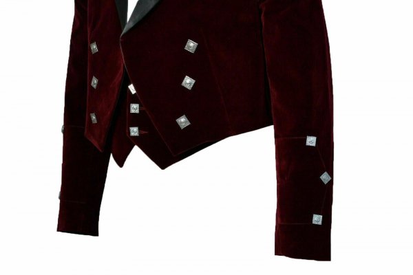 Scottish Burgundy Velvet Prince Charlie Kilt Jacket With Waistcoat