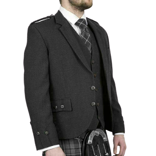 Scottish Tweed Crail Argyle Kilt Jacket With Vest – Black 100% Tweed Wool