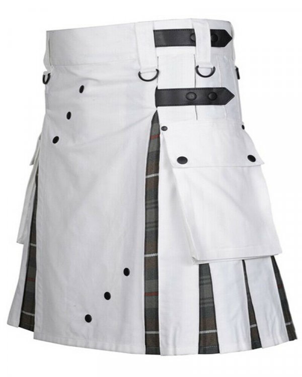 Scottish Fashion Utility Hybrid Kilt For Men White Color With Grey Tartan Pleats