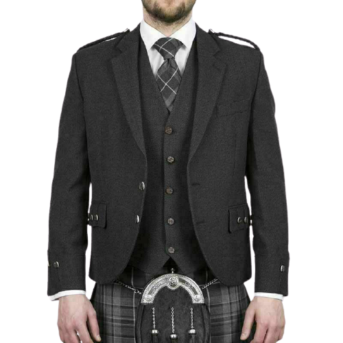 Scottish Tweed Crail Argyle Kilt Jacket With Vest – Black 100% Tweed Wool