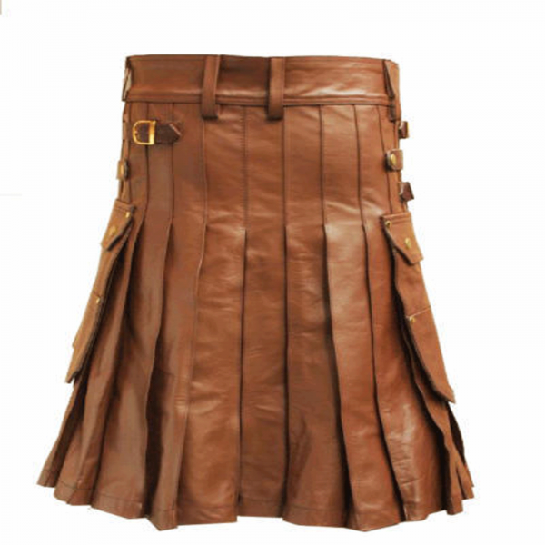 Brown Leather Utility Kilt With Sporran