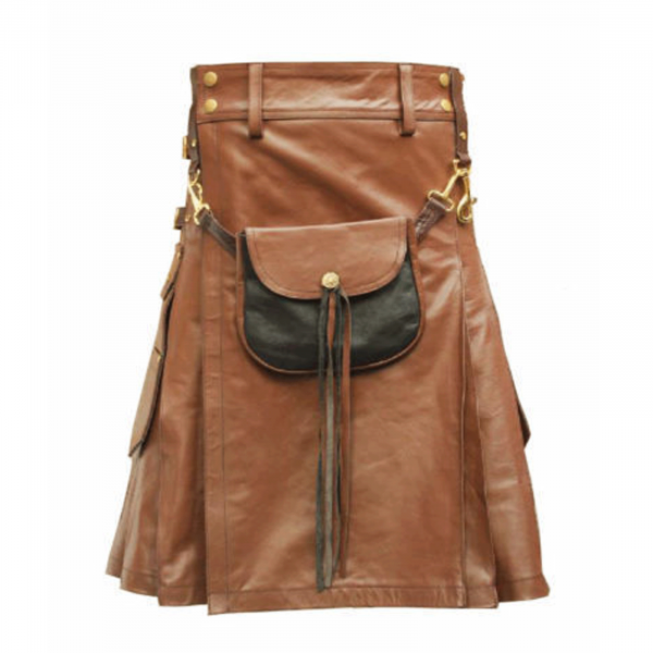 Brown Leather Utility Kilt With Sporran