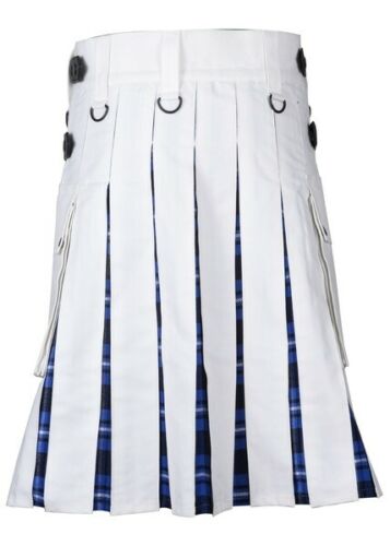 Men’s White Cotton Utility Hybrid Kilt – American Patriot Tartan Under Pleats