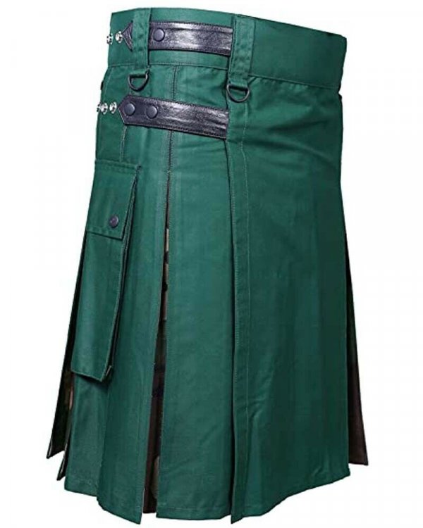 Scottish Men Leather Strap 100% Cotton Hybrid Kilt Green and Camo