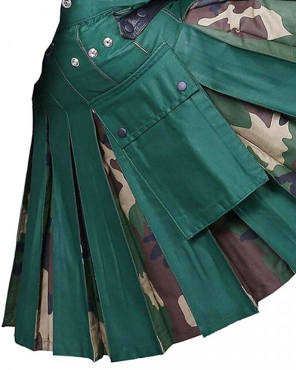 Scottish Men Leather Strap 100% Cotton Hybrid Kilt Green and Camo