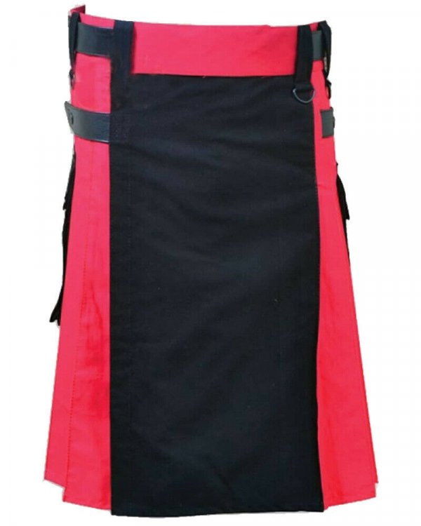 Scottish Men 100% Cotton Utility Kilt Black And Red