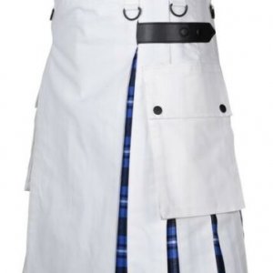 Men’s White Cotton Utility Hybrid Kilt – American Patriot Tartan Under Pleats