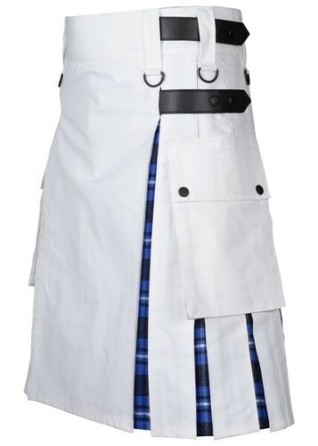 Men’s White Cotton Utility Hybrid Kilt – American Patriot Tartan Under Pleats