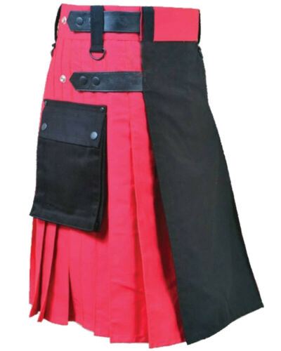 Scottish Men 100% Cotton Utility Kilt Black And Red