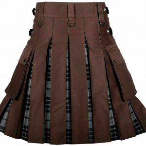 Men’s High Quality Utility Hybrid Kilt Brown Cotton and Gray Tartan