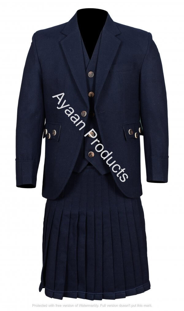 Men’s Scottish Navy Blue Wool Argyle Kilt Jacket wedding dress