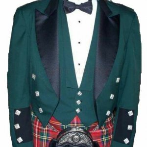 Green Prince Charlie Jacket With Waistcoat 100% Wool Custom Irish Kilt Jacket