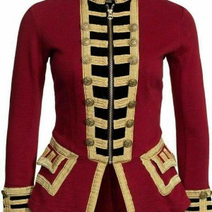 Womens Red Wool French Terry Officer's Military Band Jacket