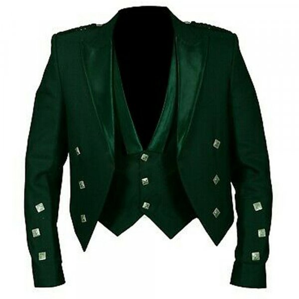 Prince Charlie Jacket Green With Lion rampant 3 Buttons Waistcoat (Vest)