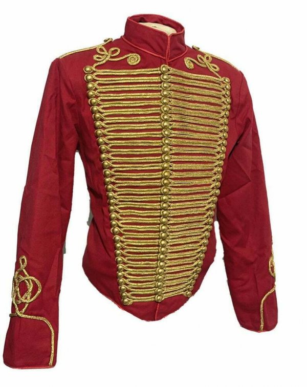 Men Ceremonial Hussar Red Military Jacket with Gold Braiding