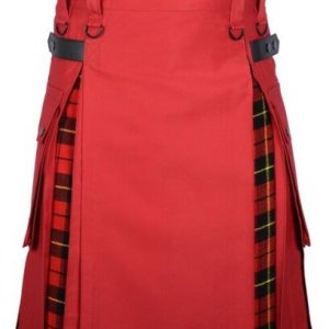 Men's Red Cotton Utility Hybrid Kilt - Wallace Tartan Under Pleats