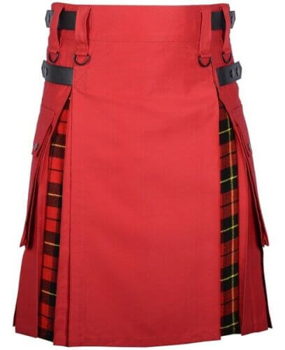 Men’s Red Cotton Utility Hybrid Kilt – Wallace Tartan Under Pleats