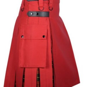 Men's Red Cotton Utility Hybrid Kilt - Wallace Tartan Under Pleats