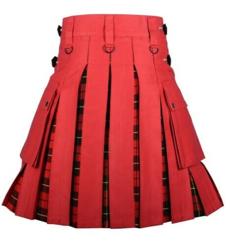 Men’s Red Cotton Utility Hybrid Kilt – Wallace Tartan Under Pleats