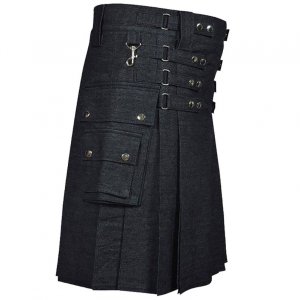 Black Denim Utility Kilt for Men