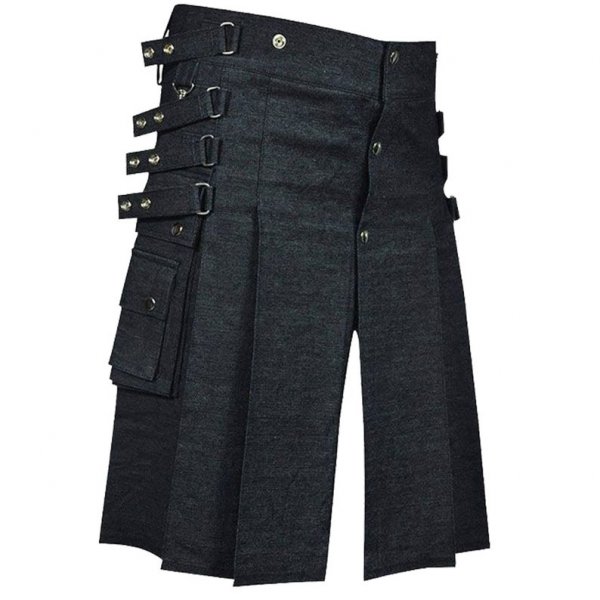 Black Denim Utility Kilt for Men