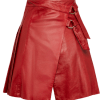 Red Leather Pleated Buckle Kilt Skirt