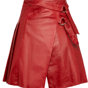 Red Leather Pleated Buckle Kilt Skirt