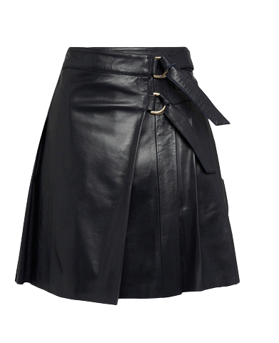 Camel Leather Pleated Buckle Kilt Skirt