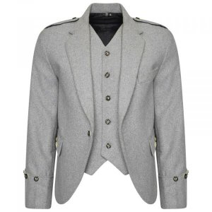 100% WOOL Argyle kilt Jacket & Waistcoat Vest Scottish Argyle Jacket Light Grey