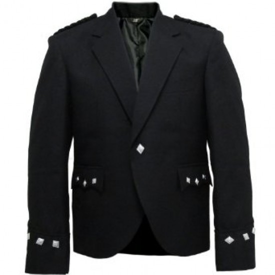 Black Scottish Kilt Argyll Jacket & 5 Buttons Waistcoat