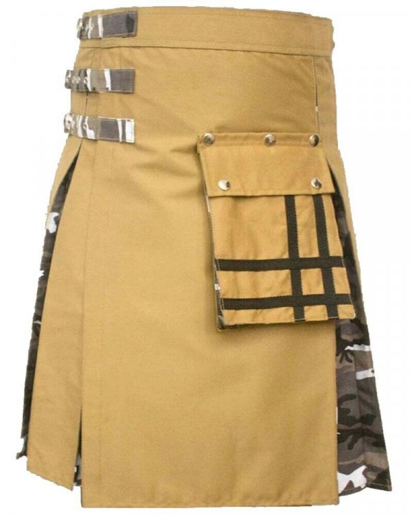 Fashion Hybrid Scottish Kilt Khaki With Camo Pleat Kilts For Men