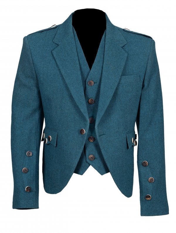 Lovat Blue tweed Argyle Highland Kilt Jacket with Five Button Waistcoat